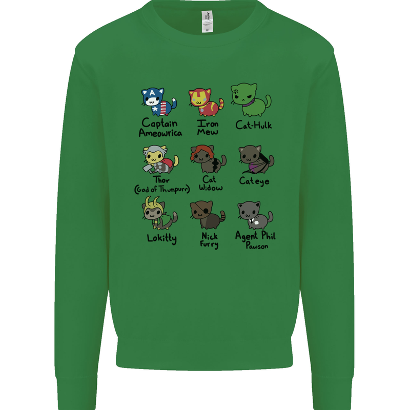 Funny Cat Superheroes Kids Sweatshirt Jumper Irish Green
