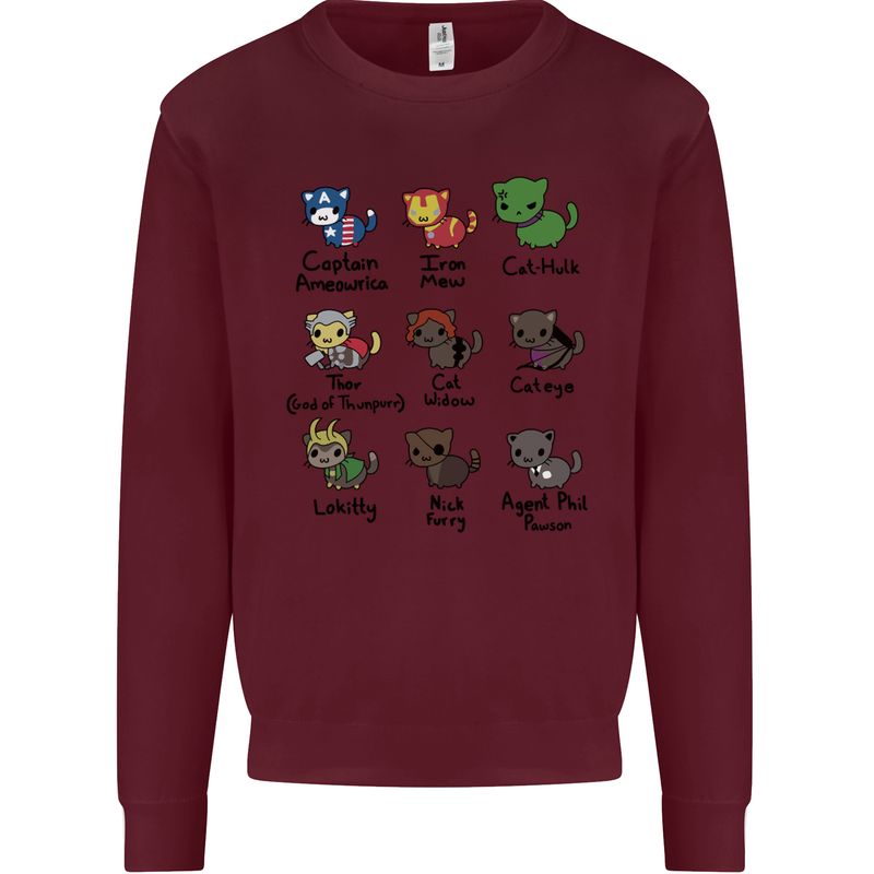 Funny Cat Superheroes Kids Sweatshirt Jumper Maroon