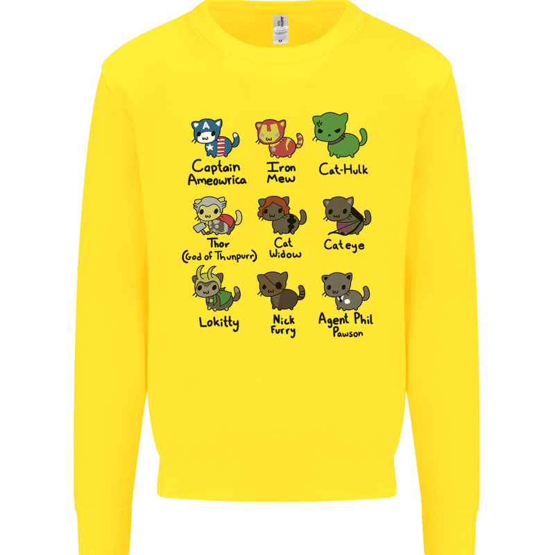 Funny Cat Superheroes Kids Sweatshirt Jumper Yellow