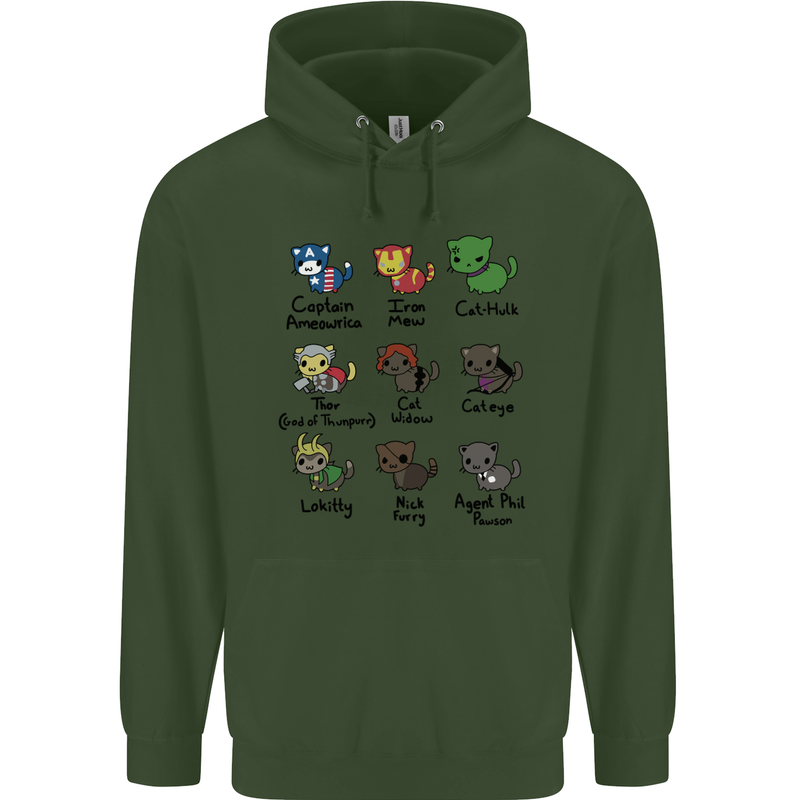 Funny Cat Superheroes Mens 80% Cotton Hoodie Forest Green