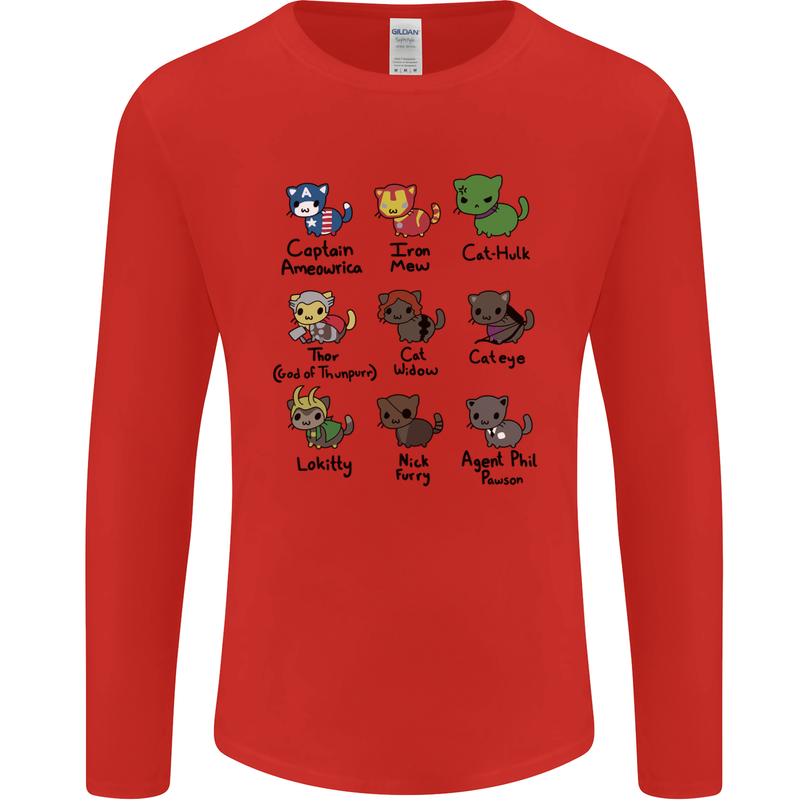Funny Cat Superheroes Mens Long Sleeve T-Shirt Red