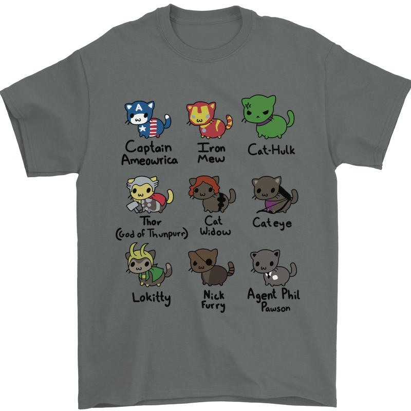 Funny Cat Superheroes Mens T-Shirt Cotton Gildan Charcoal