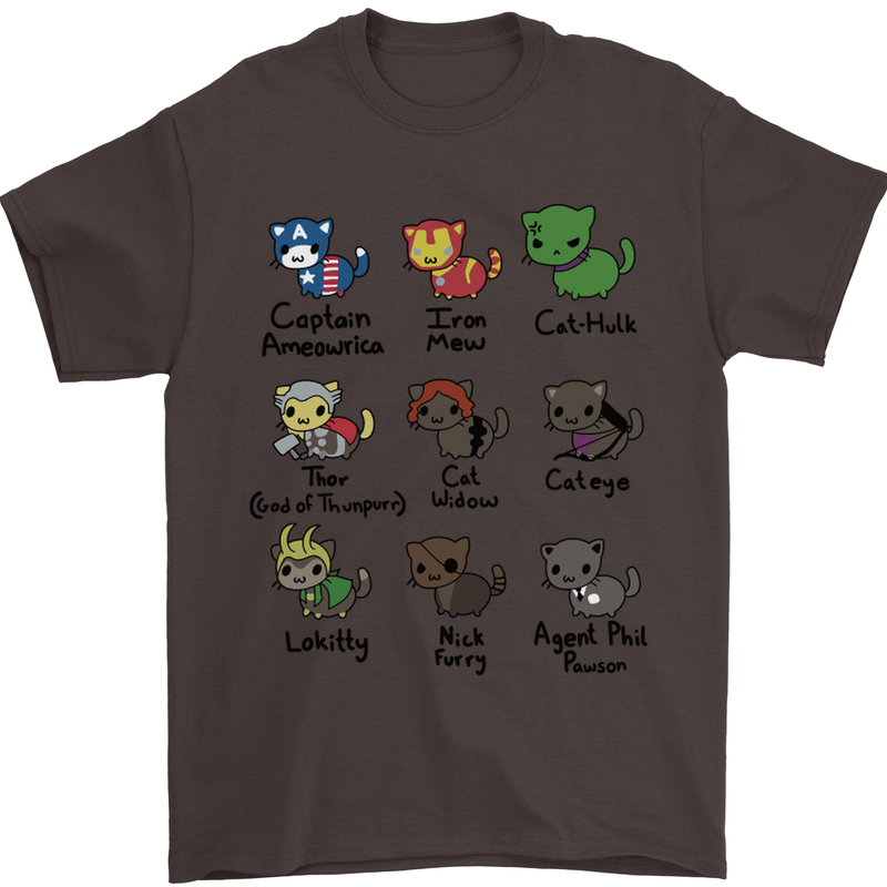 Funny Cat Superheroes Mens T-Shirt Cotton Gildan Dark Chocolate