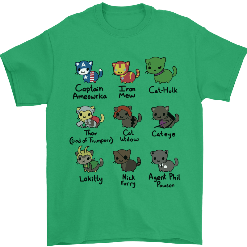 Funny Cat Superheroes Mens T-Shirt Cotton Gildan Irish Green