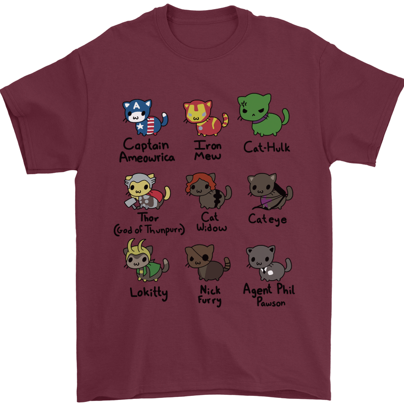 Funny Cat Superheroes Mens T-Shirt Cotton Gildan Maroon