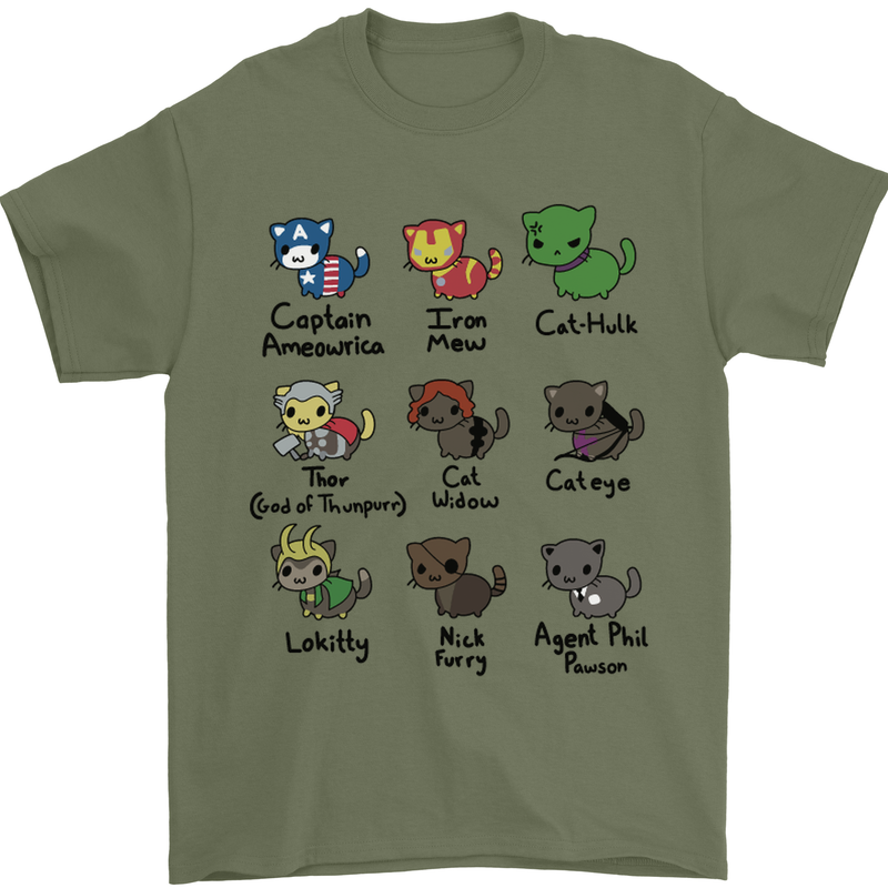 Funny Cat Superheroes Mens T-Shirt Cotton Gildan Military Green