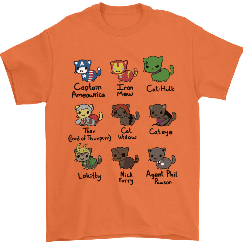 Funny Cat Superheroes Mens T-Shirt Cotton Gildan Orange