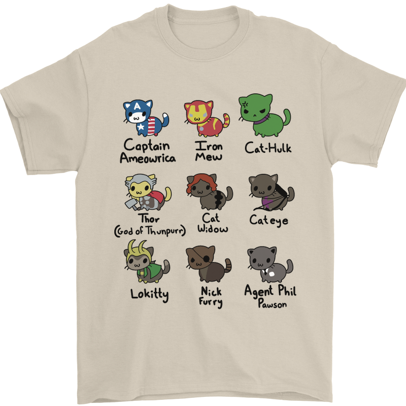 Funny Cat Superheroes Mens T-Shirt Cotton Gildan Sand