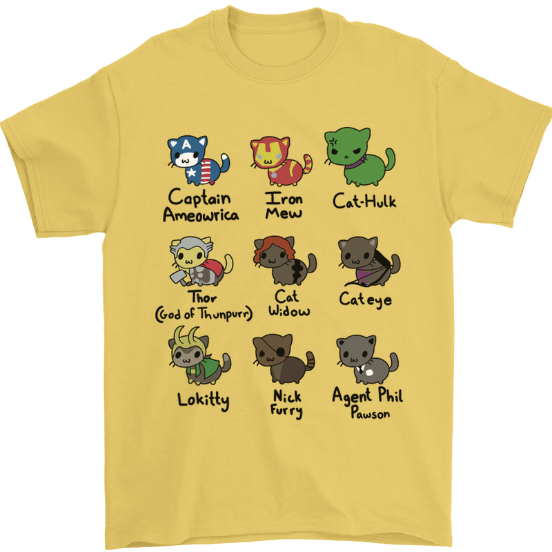 Funny Cat Superheroes Mens T-Shirt Cotton Gildan Yellow