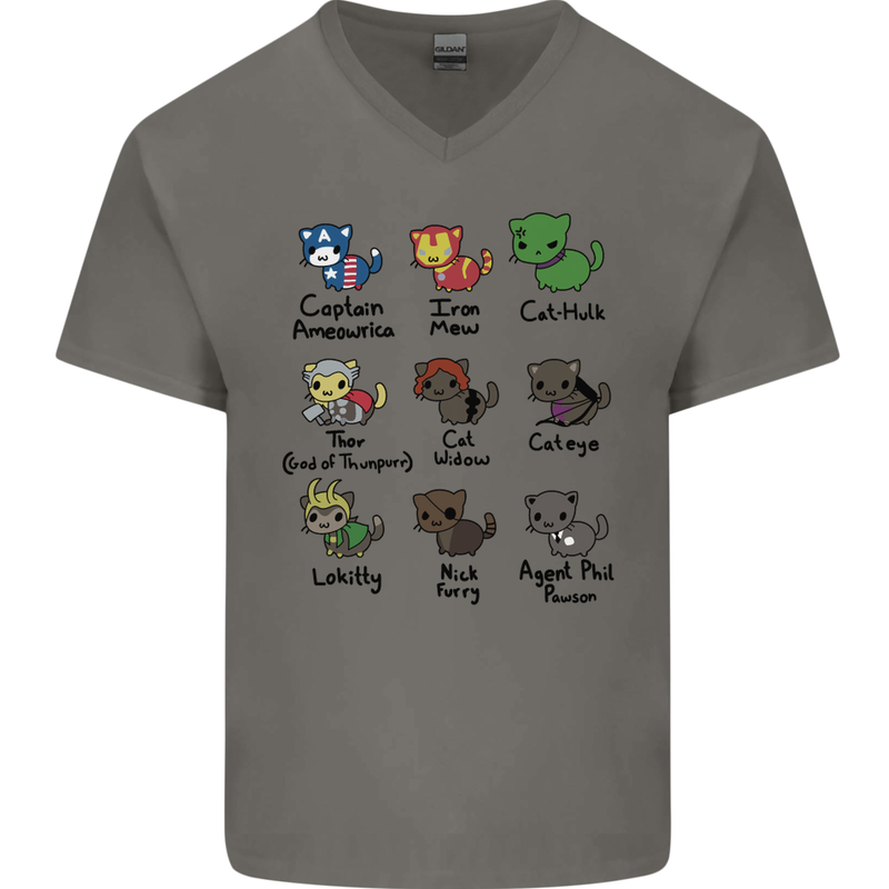 Funny Cat Superheroes Mens V-Neck Cotton T-Shirt Charcoal