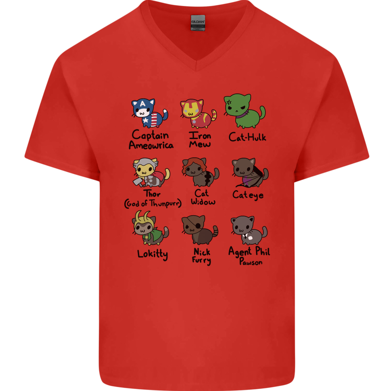 Funny Cat Superheroes Mens V-Neck Cotton T-Shirt Red