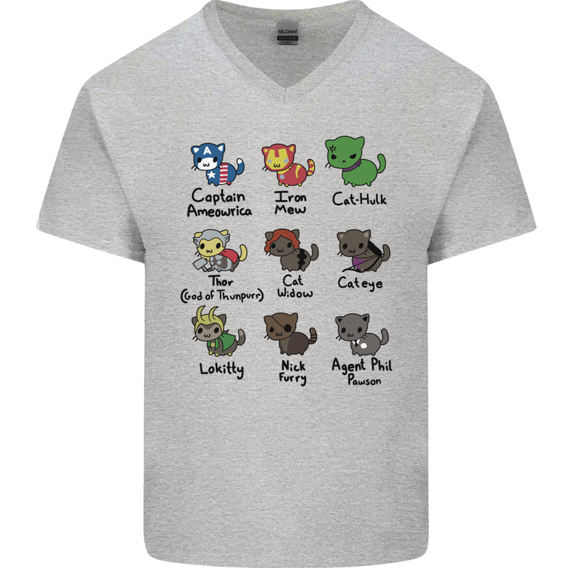 Funny Cat Superheroes Mens V-Neck Cotton T-Shirt Sports Grey