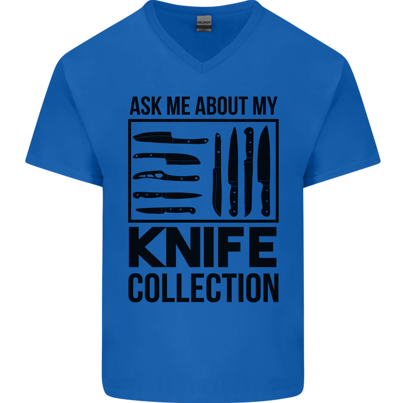 Funny Chef Ask About My Knife Collection Mens V-Neck Cotton T-Shirt Royal Blue
