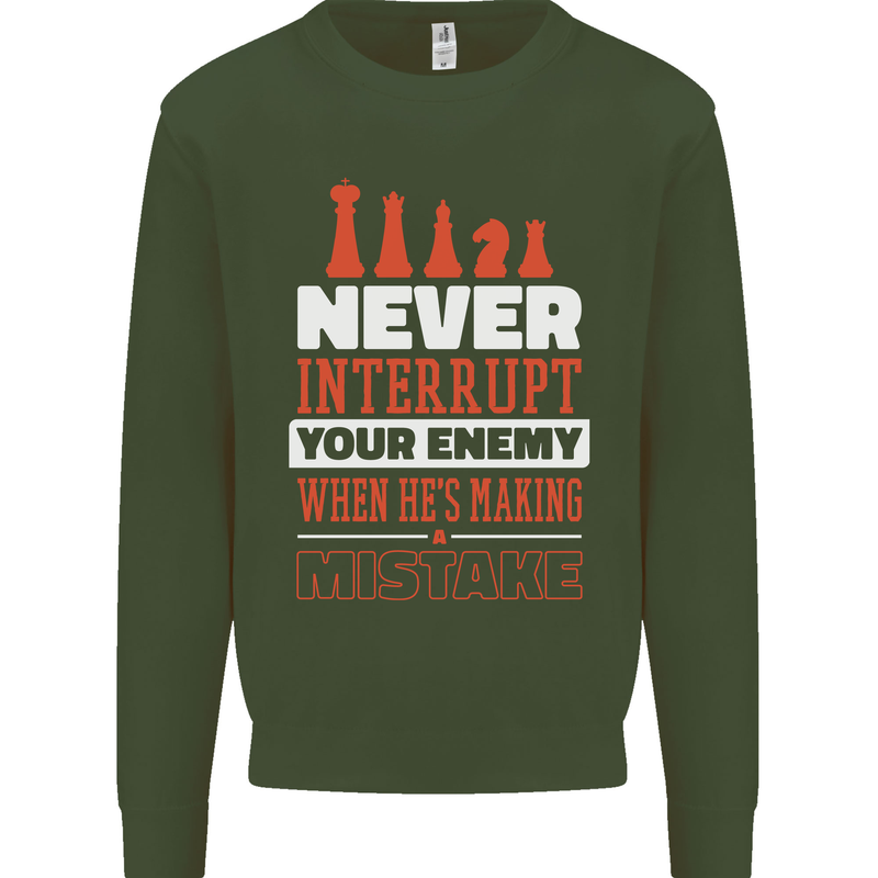 Funny Chess Never Interupt Your Enemy Kids Sweatshirt Jumper Forest Green
