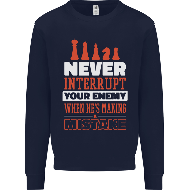 Funny Chess Never Interupt Your Enemy Kids Sweatshirt Jumper Navy Blue