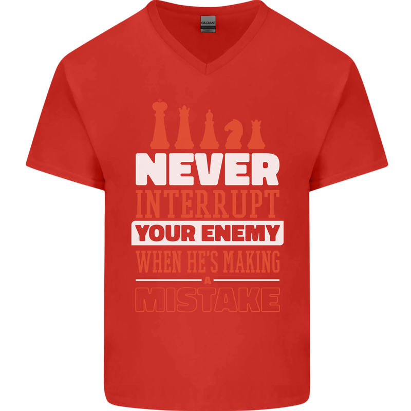 Funny Chess Never Interupt Your Enemy Mens V-Neck Cotton T-Shirt Red