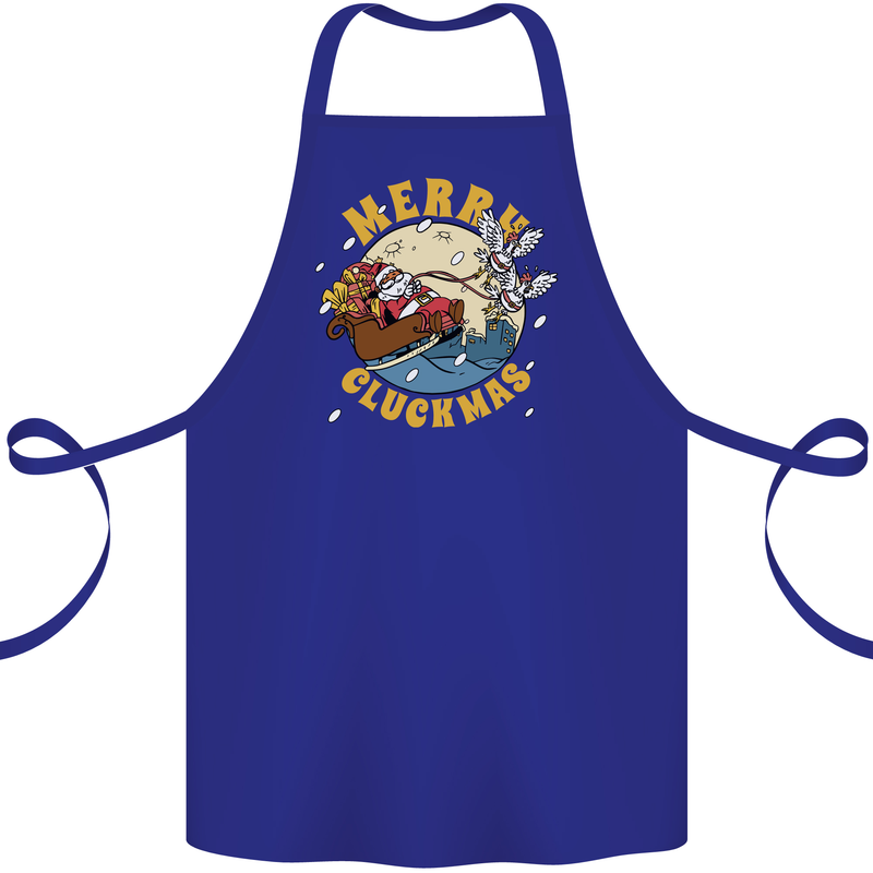 Funny Chickens Merry Cluckmas Cotton Apron 100% Organic Royal Blue