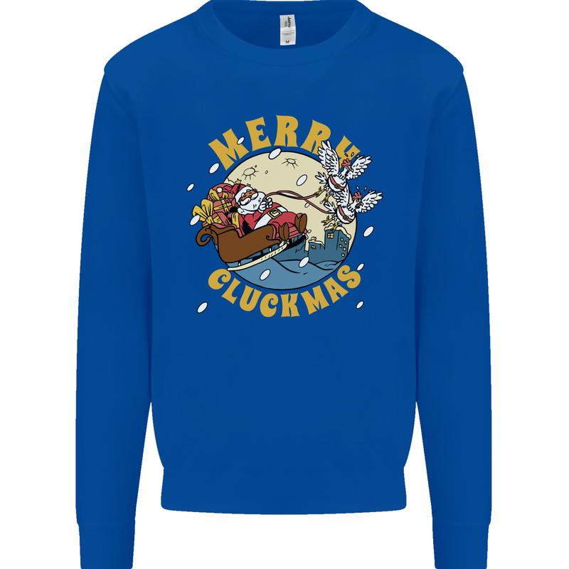 Funny Chickens Merry Cluckmas Kids Sweatshirt Jumper Royal Blue