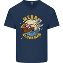 Funny Chickens Merry Cluckmas Mens V-Neck Cotton T-Shirt Navy Blue