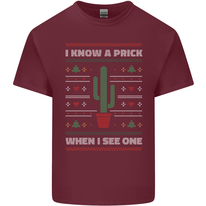 Funny Christmas Cactus Prick Mens Cotton T-Shirt Tee Top Maroon