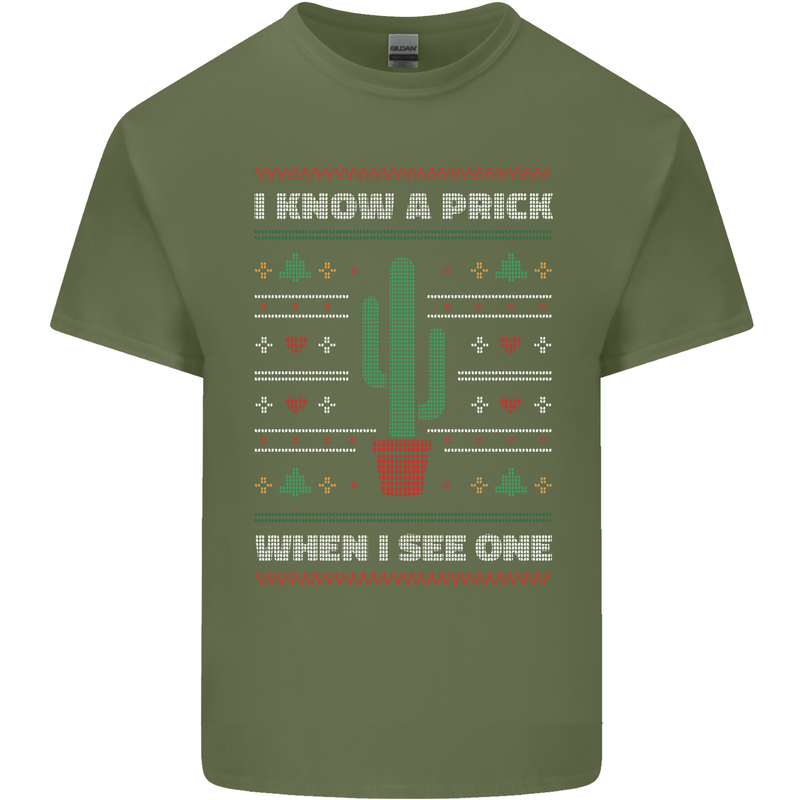Funny Christmas Cactus Prick Mens Cotton T-Shirt Tee Top Military Green