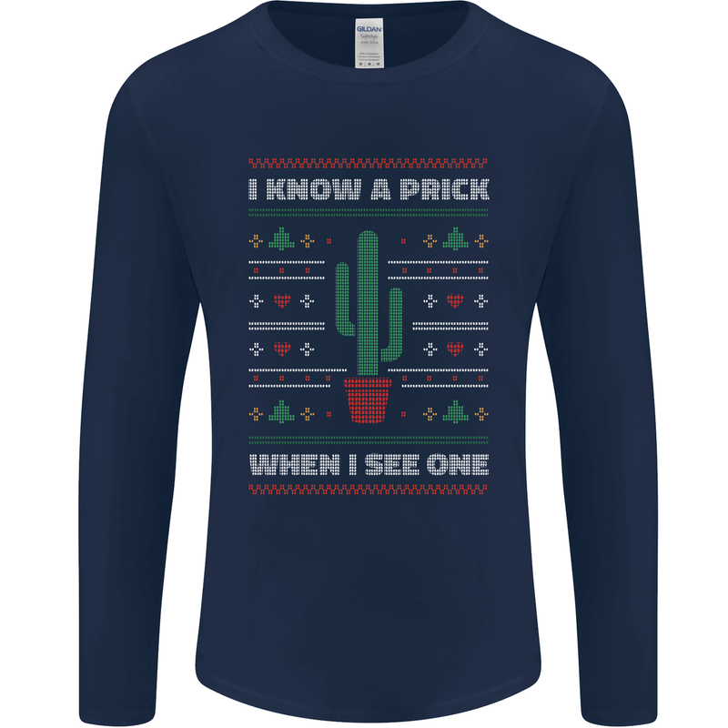 Funny Christmas Cactus Prick Mens Long Sleeve T-Shirt Navy Blue