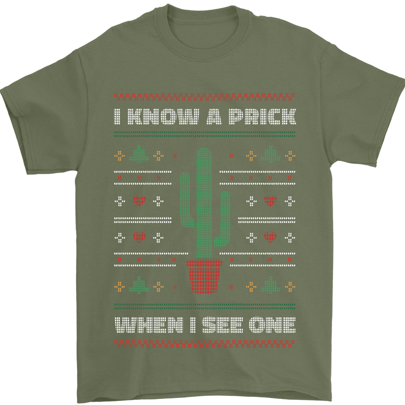Funny Christmas Cactus Prick Mens T-Shirt Cotton Gildan Military Green