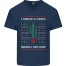 Funny Christmas Cactus Prick Mens V-Neck Cotton T-Shirt Navy Blue