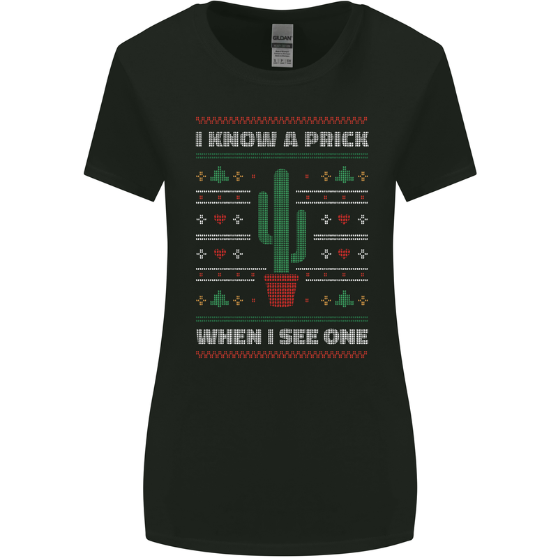Funny Christmas Cactus Prick Womens Wider Cut T-Shirt Black