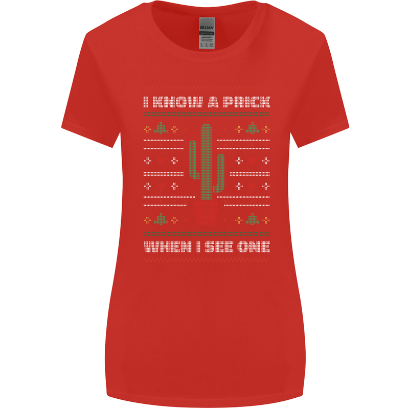 Funny Christmas Cactus Prick Womens Wider Cut T-Shirt Red