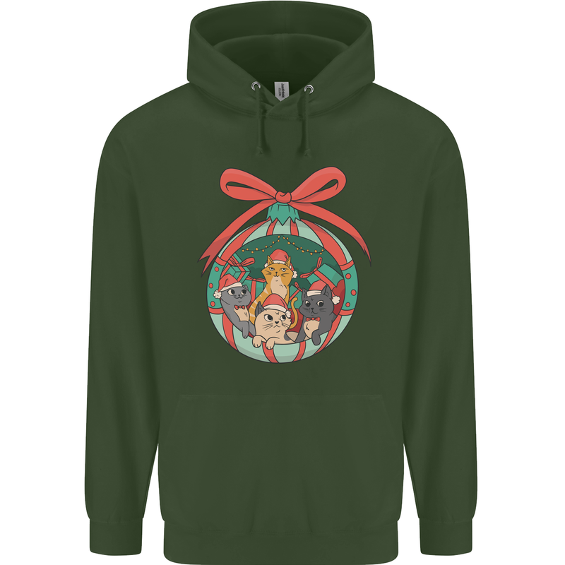 Funny Christmas Cats Bauble Mens 80% Cotton Hoodie Forest Green