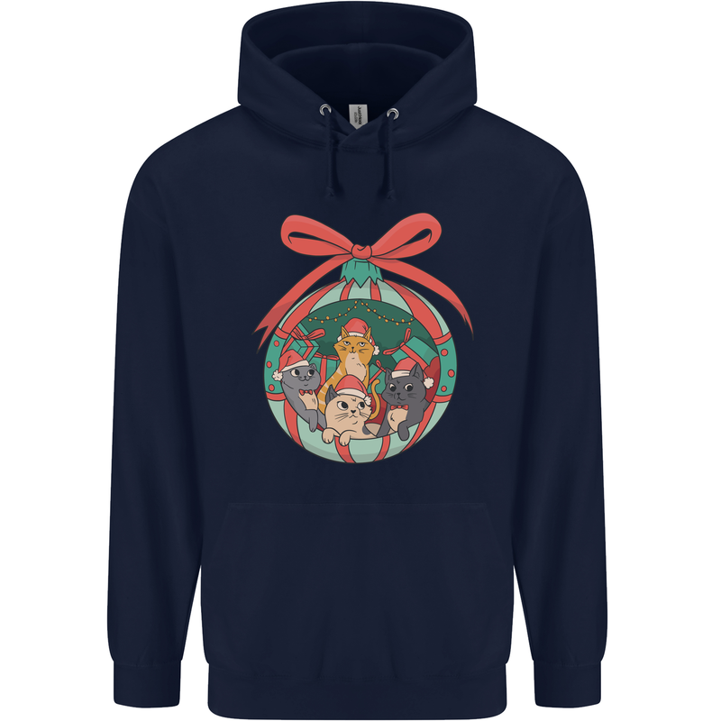 Funny Christmas Cats Bauble Mens 80% Cotton Hoodie Navy Blue