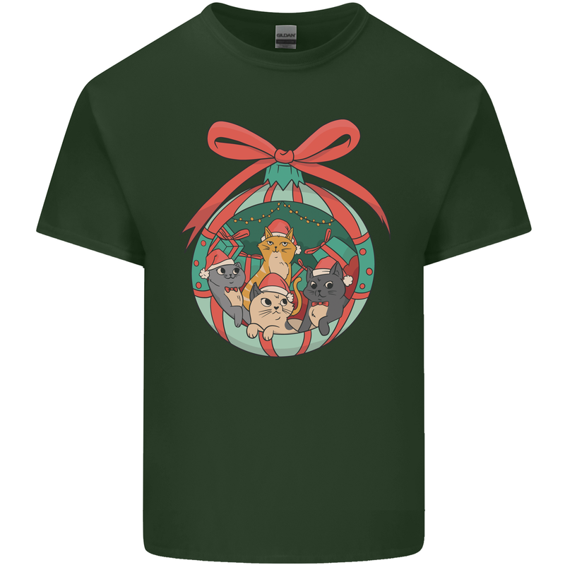 Funny Christmas Cats Bauble Mens Cotton T-Shirt Tee Top Forest Green