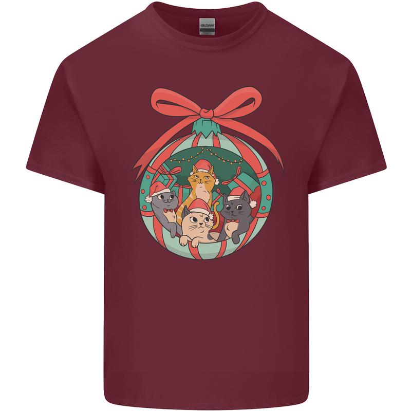 Funny Christmas Cats Bauble Mens Cotton T-Shirt Tee Top Maroon