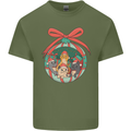 Funny Christmas Cats Bauble Mens Cotton T-Shirt Tee Top Military Green