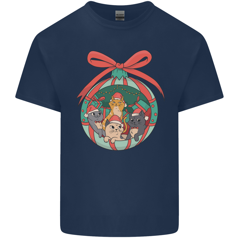 Funny Christmas Cats Bauble Mens Cotton T-Shirt Tee Top Navy Blue