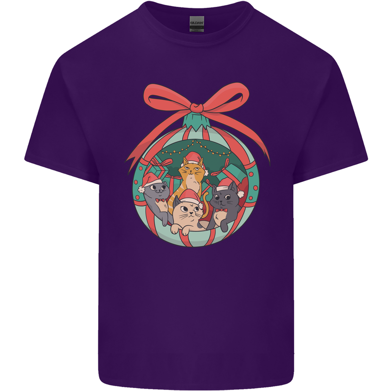 Funny Christmas Cats Bauble Mens Cotton T-Shirt Tee Top Purple