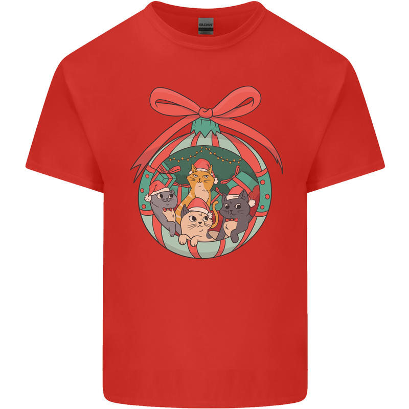 Funny Christmas Cats Bauble Mens Cotton T-Shirt Tee Top Red