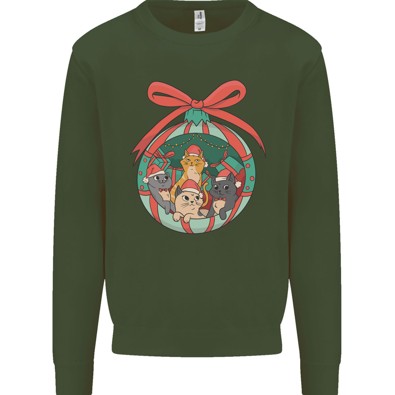 Funny Christmas Cats Bauble Mens Sweatshirt Jumper Forest Green