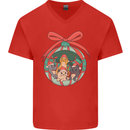 Funny Christmas Cats Bauble Mens V-Neck Cotton T-Shirt Red