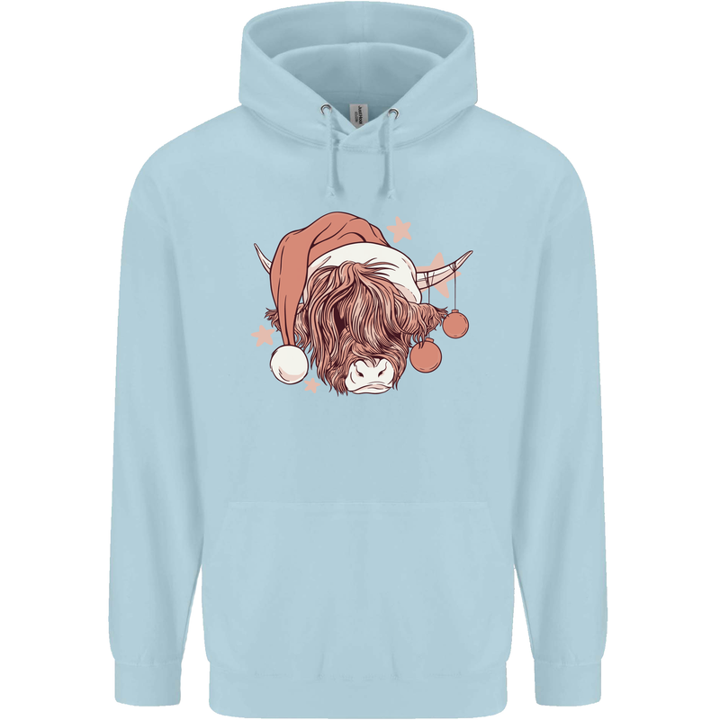 Funny Christmas Highland Cow Santa Hat Childrens Kids Hoodie Light Blue