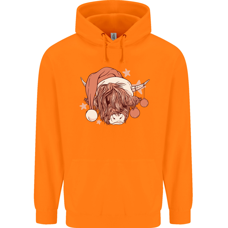 Funny Christmas Highland Cow Santa Hat Childrens Kids Hoodie Orange