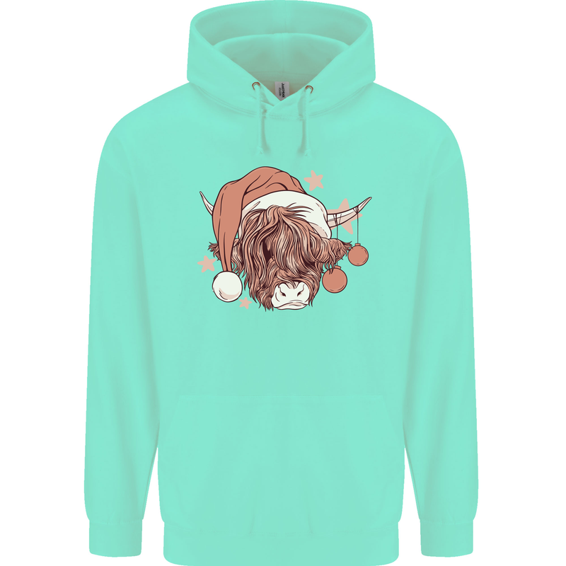 Funny Christmas Highland Cow Santa Hat Childrens Kids Hoodie Peppermint