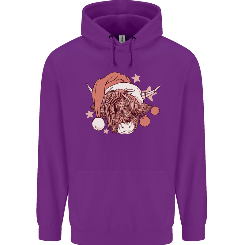 Funny Christmas Highland Cow Santa Hat Childrens Kids Hoodie Purple