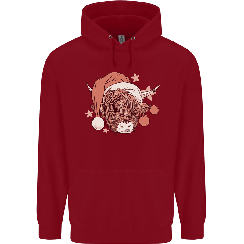 Funny Christmas Highland Cow Santa Hat Childrens Kids Hoodie Red