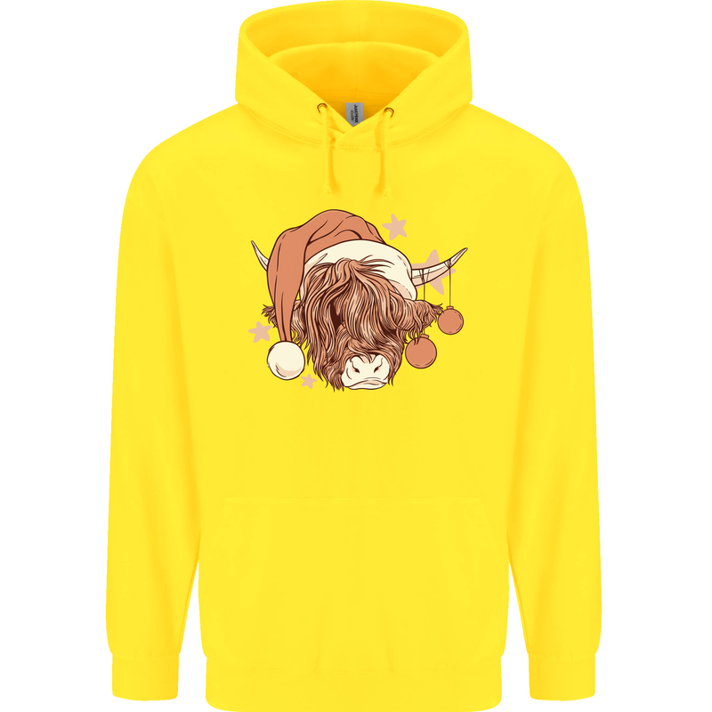 Funny Christmas Highland Cow Santa Hat Childrens Kids Hoodie Yellow