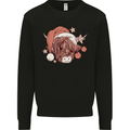 Funny Christmas Highland Cow Santa Hat Kids Sweatshirt Jumper Black