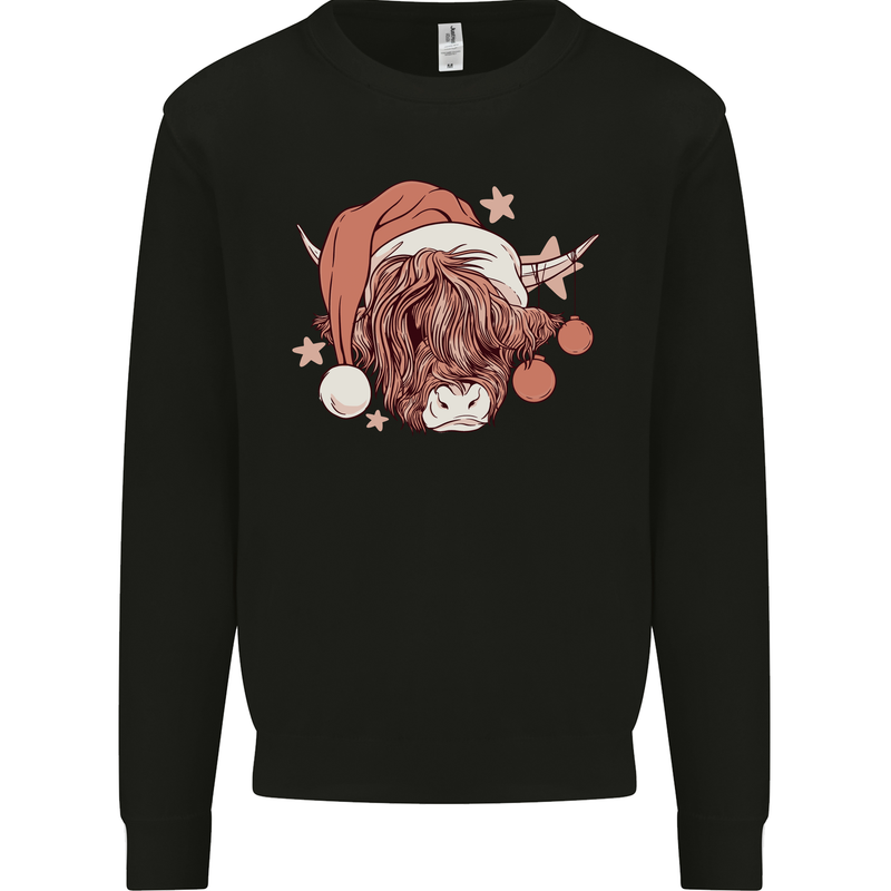 Funny Christmas Highland Cow Santa Hat Kids Sweatshirt Jumper Black