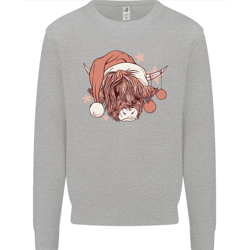 Funny Christmas Highland Cow Santa Hat Kids Sweatshirt Jumper Sports Grey