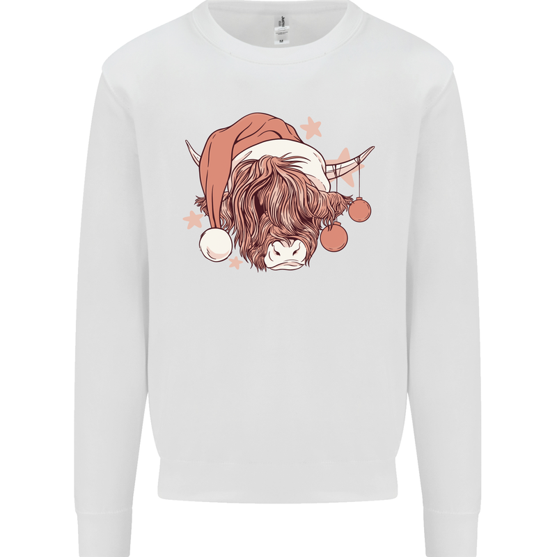 Funny Christmas Highland Cow Santa Hat Kids Sweatshirt Jumper White